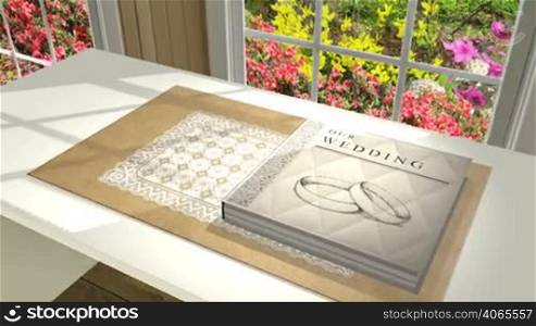 ""A 3d animated wedding album on a table opens to a blank page, allowing you to overlay your own photos, graphics or text. ""