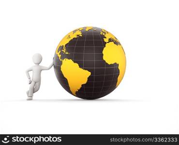 A 3d character with glossy orange and black globe