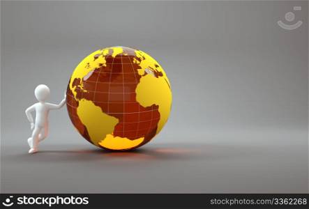 A 3d character with glossy orange globe