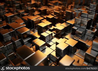 A 3D futuristic abstract background of glossy cubes on a black background wallpaper. Generative AI