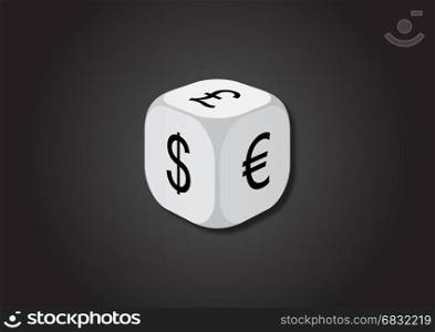A 3D illustration of a dice with currency symbols. On each face of the dice are illustrated symbols of dollar, euro and pound.