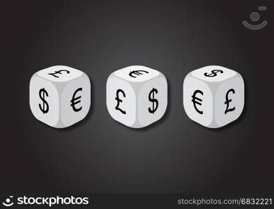 A 3D illustration of three dice with currency symbols. On each face of the dice are illustrated symbols of dollar, euro and pound.