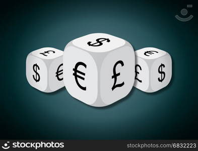 A 3D illustration of three dice with currency symbols. On each face of the dice are illustrated symbols of dollar, euro and pound.