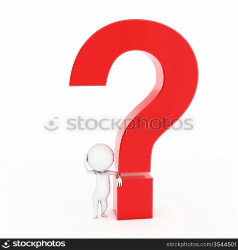 a 3d rendered illustration of a small guy and a question mark