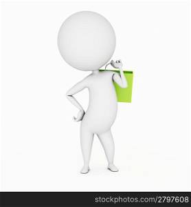 a 3d rendered illustration of a small guy and a shopping bag
