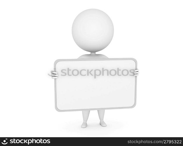 a 3d rendered illustration of a small guy with a blank sign