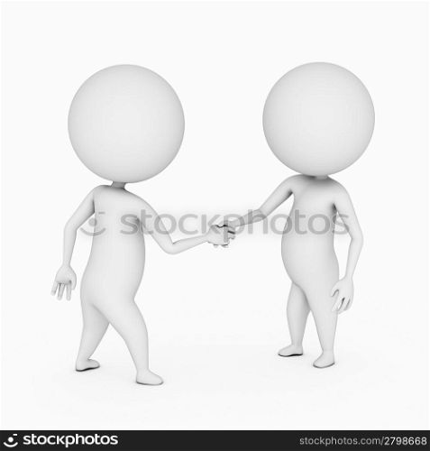 a 3d rendered illustration of two small guys shaking hands
