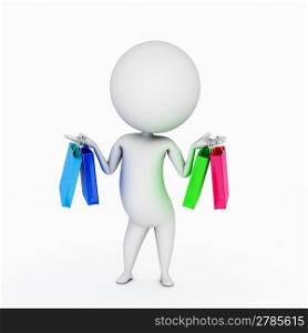 a 3d rendered little guy with shopping bags