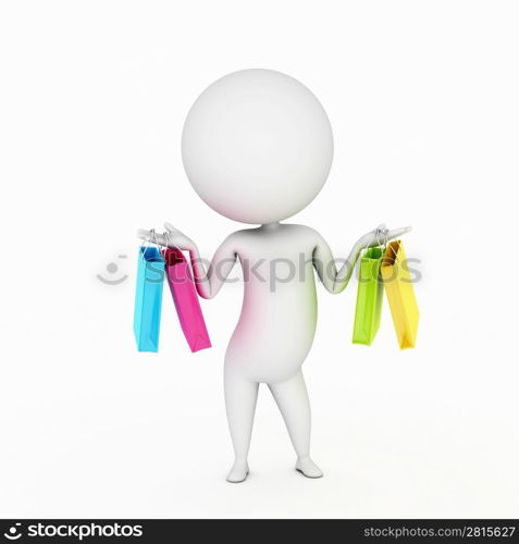 a 3d rendered little guy with shopping bags