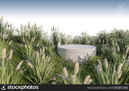 A 3d rendering image of product display on grass field