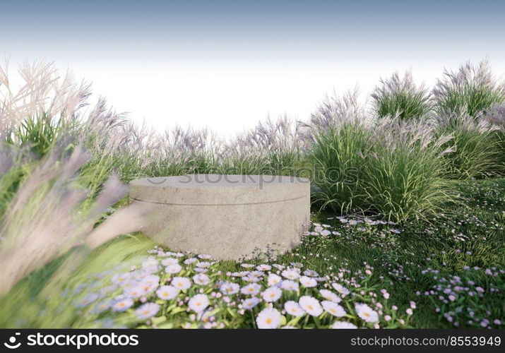 A 3d rendering image of product display on grass field