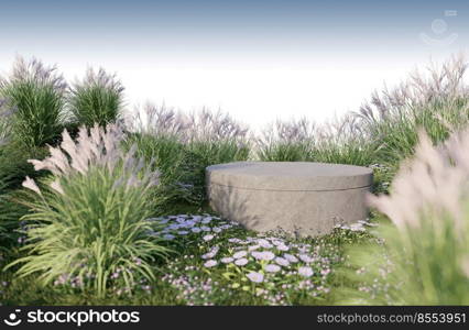 A 3d rendering image of product display on grass field