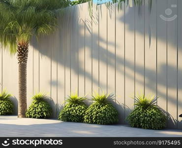 A 3d rendering of an empty outside wooden wall with a tropical-style garden, a tropical-style tree, and sunlight. Generative AI.