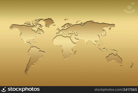 a 3d world map in metallic golden tones. gold world map
