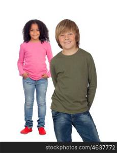A african little girl and her caucasian friend isolated on a white background