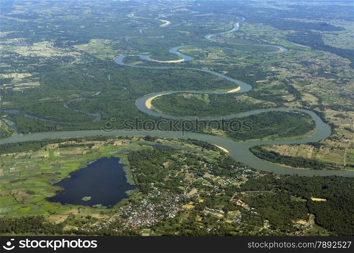 a air view over the landscape of the Provinz of Ubon Rachathani in the Region of Isan in Northeast Thailand in Thailand.&#xA;