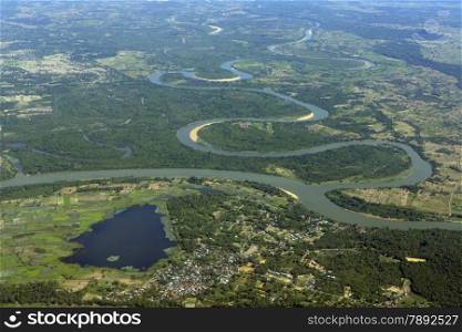 a air view over the landscape of the Provinz of Ubon Rachathani in the Region of Isan in Northeast Thailand in Thailand.&#xA;