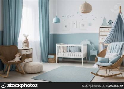A baby boy room in pastel blue created with generative AI technology