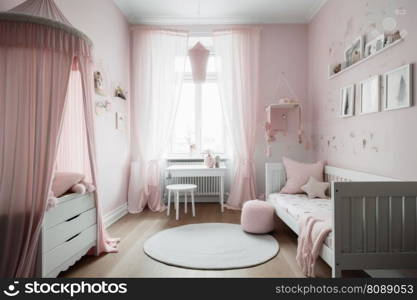 A babys room in pastel pink created with generative AI technology