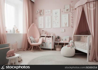 A babys room in pastel pink created with generative AI technology