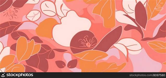 A background featuring pink and peach hues, leaf patterns, bold colors, upper paleolithic inspired art by generative AI