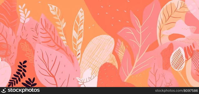 A background featuring pink and peach hues, leaf patterns, bold colors, upper paleolithic inspired art by generative AI