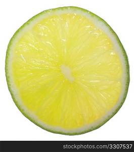 A backlit slice of lime, isolated on white