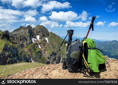 a backpack with mountains in background