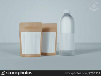 A bag of goods with a water bottle on a white background