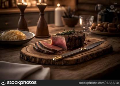A baked whole piece of meat on a wooden stand. Neural network AI generated art. A baked whole piece of meat on a wooden stand. Neural network AI generated