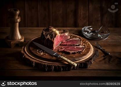 A baked whole piece of meat on a wooden stand. Neural network AI generated art. A baked whole piece of meat on a wooden stand. Neural network AI generated