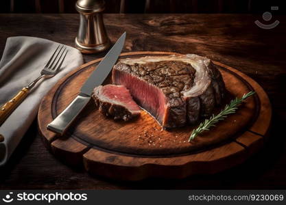 A baked whole piece of meat on a wooden stand. Neural network AI generated art. A baked whole piece of meat on a wooden stand. Neural network AI generated