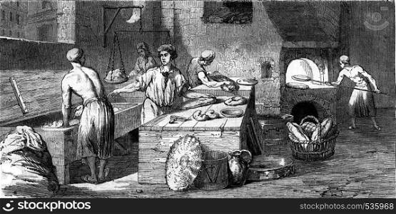 A bakery in the eighteenth century, vintage engraved illustration. Magasin Pittoresque 1857.