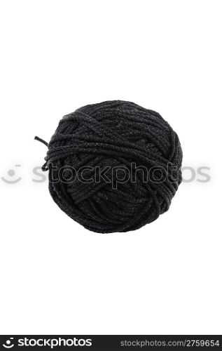 A ball of black braided small robe, made from synthetic yarn, for tying upsomething, for white background.
