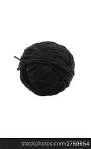 A ball of black braided small robe, made from synthetic yarn, for tying upsomething, for white background.