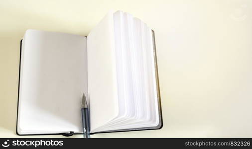 A ballpoint pen in the middle of an open notebook. Unwritten blank pages.