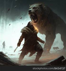 A barbarian warlord fighting off a wolf beast man created by generative AI