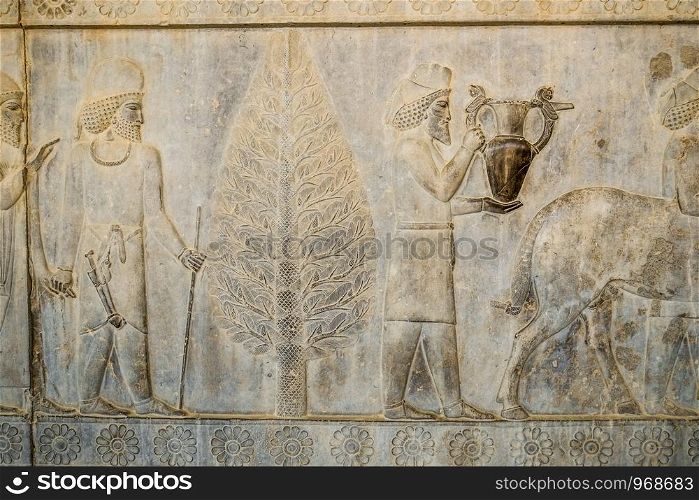 A bas-relief depiction of Armenian and Babylonian tribute bearer men carry present for the king at Apadana, East Stairs, southern part of Persepolis. Fars Province, Shiraz, Iran.