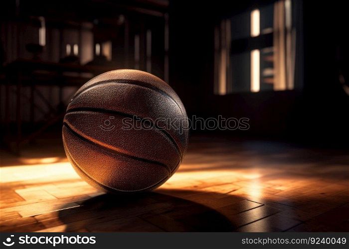 A basketball player dribbling the ball on a hardwood floor with a net and hoop in the background. AI Generative.