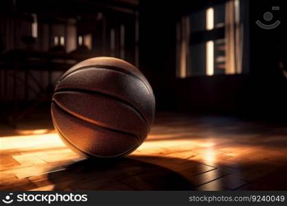 A basketball player dribbling the ball on a hardwood floor with a net and hoop in the background. AI Generative.
