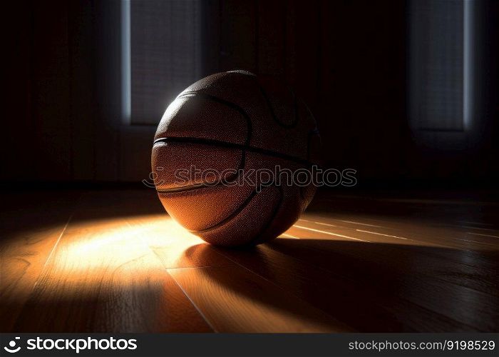 A basketball player scoring a point on a dark hardwood floor with a glossy surface and reflection. AI Generativ