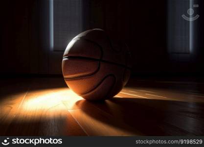 A basketball player scoring a point on a dark hardwood floor with a glossy surface and reflection. AI Generativ