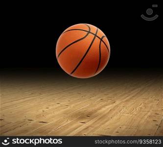 A basketball with a dark background on a hardwood gym floor