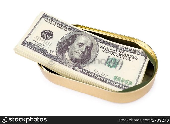a batch of US 100 dollars bills in an oval can, clipping path