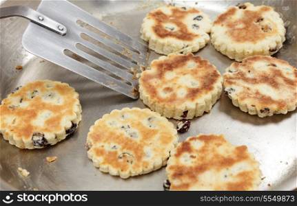 A batch of Welsh cakes cooking in a steel frying pan