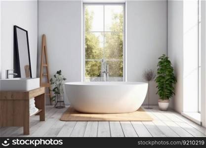 A bathroom in a nordic style with a white bathtub created with generative AI technology