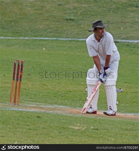 A batsman on a cricket pitch