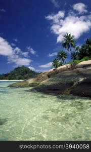 a Beach on the coast if the Island La Digue of the seychelles islands in the indian ocean. INDIAN OCEAN SEYCHELLES LA DIGUE BEACH