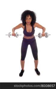 A beautiful African American girl working out with two dumbbell&rsquo;s inexercise outfit, isolated for white background.