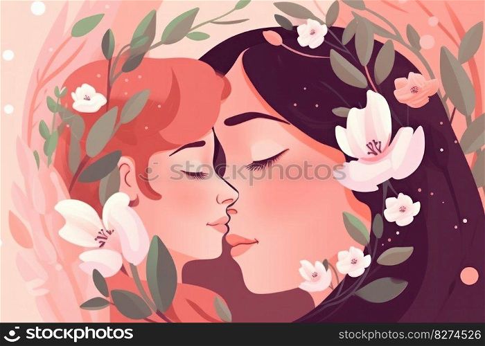A beautiful and heartwarming mother and child as they embrace in a vibrant meadow of flowers, making it an ideal choice for Mother&rsquo;s Day, symbolizing joy and happiness of maternal love. AI Generative